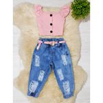 Conjunto Cropped Botões + Calça Jogger Jeans Liz 