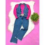 Conjunto 3 peças Blusa Lastex + colete + calça Flare Jeans Milena