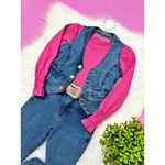 Conjunto 3 peças Blusa Lastex + colete + calça Flare Jeans Milena