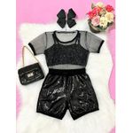 Conjunto Blusa Tule Com Glitter + Top e Short Paetê Bianca 