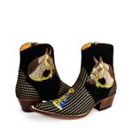 Botina Country Masculina Bico Fino Couro Bovino Legítimo Platinado e Nobuck Preto Bordado Cavalo e N.S