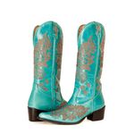 Bota Texana Feminina Couro Legítimo Azul Turquesa Floral