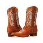 Bota Texana Feminina Cano Médio Couro Legítimo Bovino Crazy Horse Sela Bordada