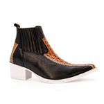 Botina Country Masculina Bico Fino Couro Bovino Legítimo Floater Preto e Dubai Whisky Solado Branco