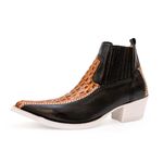 Botina Country Masculina Bico Fino Couro Bovino Legítimo Floater Preto e Dubai Whisky Solado Branco