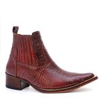 Botina Country Masculina Bico Fino Couro Bovino Legítimo Dubai Jácaré Envelhecido Vermelho