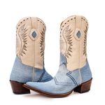 Bota Texana Masculina Bico Fino Couro Legítimo Bovino Marfim e Jeans Claro