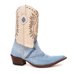Bota Texana Masculina Bico Fino Couro Legítimo Bovino Marfim e Jeans Claro