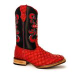 Bota Texana Masculina Bico Quadrado Couro Exótico Pirarucu Vermelho e Floater Preto