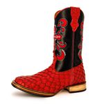 Bota Texana Masculina Bico Quadrado Couro Exótico Pirarucu Vermelho e Floater Preto