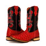 Bota Texana Masculina Bico Quadrado Couro Exótico Pirarucu Vermelho e Floater Preto