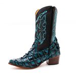 Bota Exótica Cano Médio Feminina Couro Legítimo Pirarucu Turquesa e Floater Preto Bordada