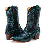 Bota Exótica Cano Médio Feminina Couro Legítimo Pirarucu Turquesa e Floater Preto Bordada