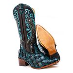 Bota Exótica Texana Feminina Couro Legítimo Pirarucu Turquesa e Floater Preto Bordada