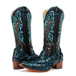 Bota Exótica Texana Feminina Couro Legítimo Pirarucu Turquesa e Floater Preto Bordada