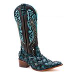 Bota Exótica Texana Feminina Couro Legítimo Pirarucu Turquesa e Floater Preto Bordada