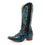 Bota Exótica Texana Feminina Couro Legítimo Pirarucu Turquesa e Floater Preto Bordada