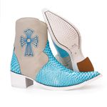 Botina Country Masculina Bico Fino Couro Bovino Legítimo Floater Marfim e Anaconda Azul Celeste com Zíper e Solado Branco