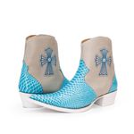 Botina Country Masculina Bico Fino Couro Bovino Legítimo Floater Marfim e Anaconda Azul Celeste com Zíper e Solado Branco