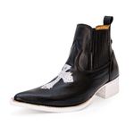 Botina Country Masculina Bico Fino Couro Bovino Legítimo Floater Preto Com Cruz e Solado Branco