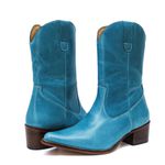 Bota Texana Feminina Cano Médio Couro Legítimo Azul Celeste