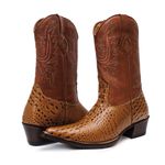 Bota Texana Masculina Bico Fino Couro Legítimo Bovino Dubai Caramelo e Látego Pinhão