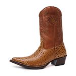 Bota Texana Masculina Bico Fino Couro Legítimo Bovino Dubai Caramelo e Látego Pinhão