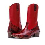Bota Texana Feminina Cano Médio Couro Legítimo Bovino Anaconda Vermelha e Floater Vermelho