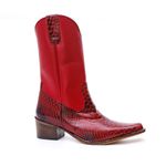 Bota Texana Feminina Cano Médio Couro Legítimo Bovino Anaconda Vermelha e Floater Vermelho