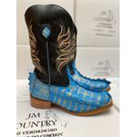 Bota Texana Masculina Bico Quadrado Couro Exótico Jacaré Turquesa com Dourado e Mustang Preto 