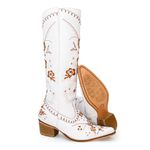 Bota Over Feminina Bico Fino Couro Legítimo Floater Branco Bordado Floral