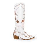 Bota Over Feminina Bico Fino Couro Legítimo Floater Branco Bordado Floral