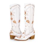 Bota Over Feminina Bico Fino Couro Legítimo Floater Branco Bordado Floral
