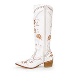 Bota Over Feminina Bico Fino Couro Legítimo Floater Branco Bordado Floral