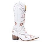 Bota Texana Feminina Couro Legítimo Floater Branco Bordado Floral 