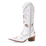 Bota Texana Feminina Couro Legítimo Floater Branco Bordado Floral 