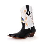 Bota Texana Masculina Bico Fino Couro Legítimo Anaconda Preto e Floater Branco Bordado Nossa Senhora