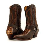 Bota Texana Masculina Bico Fino Couro Legítimo Dubai Chocolate e Floater Café Modelo Costura Com Estrivo