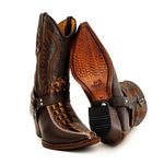 Bota Texana Masculina Bico Fino Couro Legítimo Dubai Chocolate e Floater Café Modelo Costura Com Estrivo