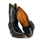 Bota Texana Masculina Bico Fino Couro Bovino Legítimo Tilápia Preto e Floater Preto Modelo Costura Com Estrivo