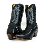 Bota Texana Masculina Bico Fino Couro Bovino Legítimo Tilápia Preto e Floater Preto Modelo Costura Com Estrivo