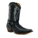 Bota Texana Masculina Bico Fino Couro Bovino Legítimo Tilápia Preto e Floater Preto Modelo Costura Com Estrivo