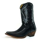 Bota Texana Masculina Bico Fino Couro Bovino Legítimo Tilápia Preto e Floater Preto Modelo Costura Com Estrivo