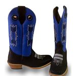 Bota Texana Masculina Couro Legítimo Bovino Tilápia Preto Fly Azul Bordado Flecha Salto Carrapeta