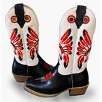 Bota Texana Masculina Couro Legítimo Bovino Látego Preto e Branco Cocar Vermelho Salto Carrapeta