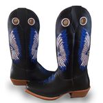 Bota Texana Masculina Couro Legítimo Bovino Látego Preto Bordado Cocar Azul Salto Carrapeta