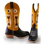 Bota Texana Masculina Couro Legítimo Bovino Látego Preto e Mustang Laranja Bordado Flecha Salto Carrapeta