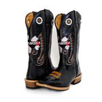 Bota Texana Masculina Couro Legítimo Látego Preto Bordado Ekipe Salto Carrapeta