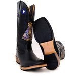 Bota Texana Masculina Couro Legítimo Látego Preto Bordado Nossa Senhora Aparecida Salto Carrapeta 