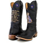 Bota Texana Masculina Couro Legítimo Látego Preto Bordado Nossa Senhora Aparecida Salto Carrapeta 